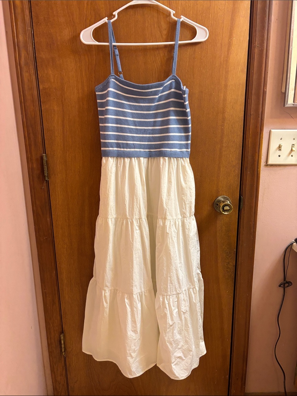 Blue & White Striped Knit Bodice Maxi Dress